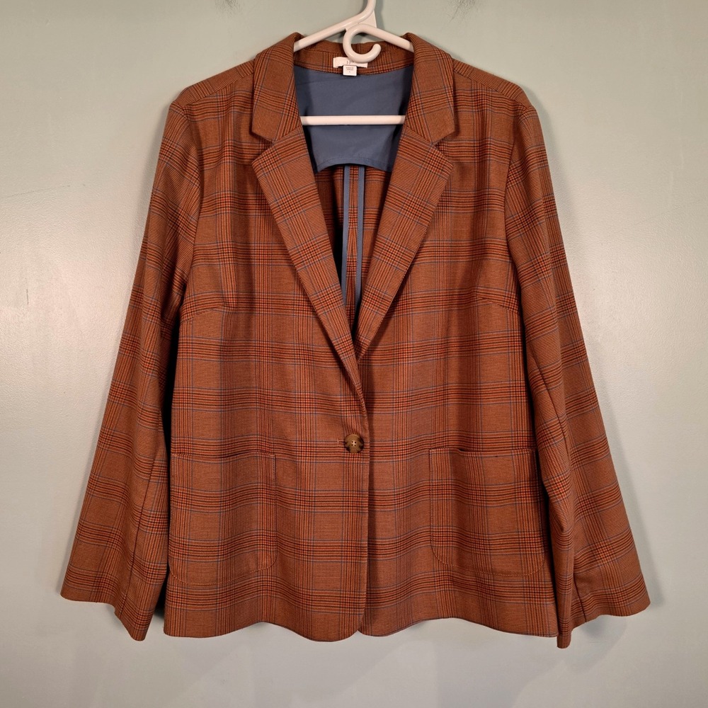 J. Jill Women Brown Rust Plaid Single Button Blazer Jacket Size Large